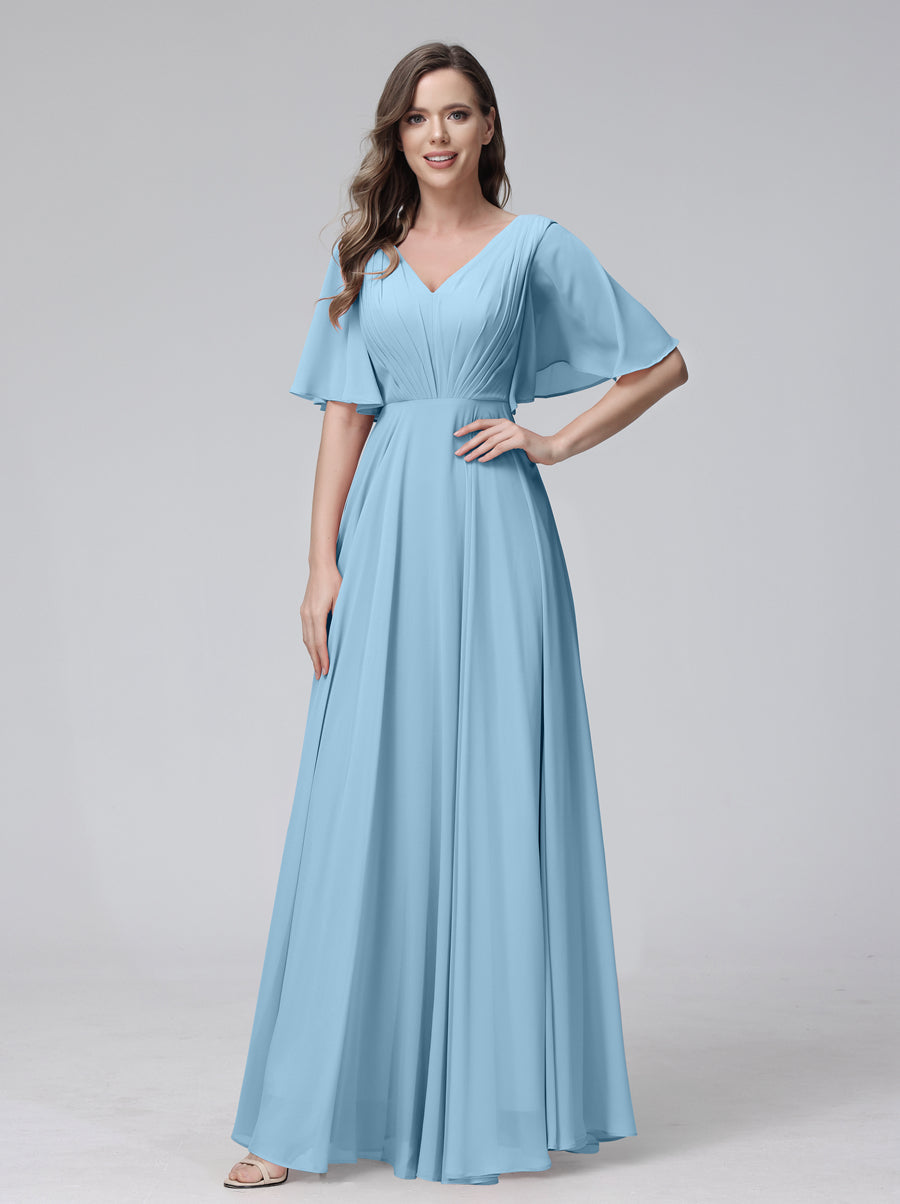 A-Line V-Neck Half Sleeves Long Chiffon Bridesmaid Dresses With Ruffles Pockets Sky Blue