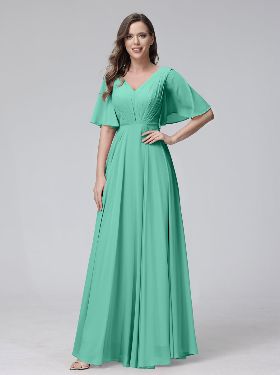 A-Line V-Neck Half Sleeves Long Chiffon Bridesmaid Dresses With Ruffles Pockets Spa