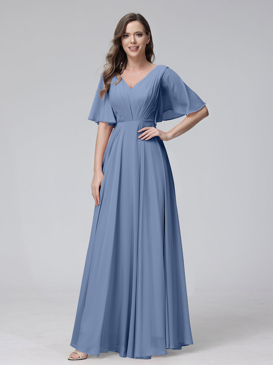 A-Line V-Neck Half Sleeves Long Chiffon Bridesmaid Dresses With Ruffles Pockets Steel Blue