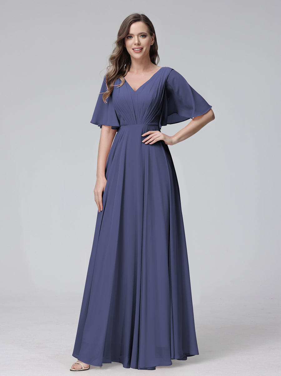 A-Line V-Neck Half Sleeves Long Chiffon Bridesmaid Dresses With Ruffles Pockets Stormy Blue