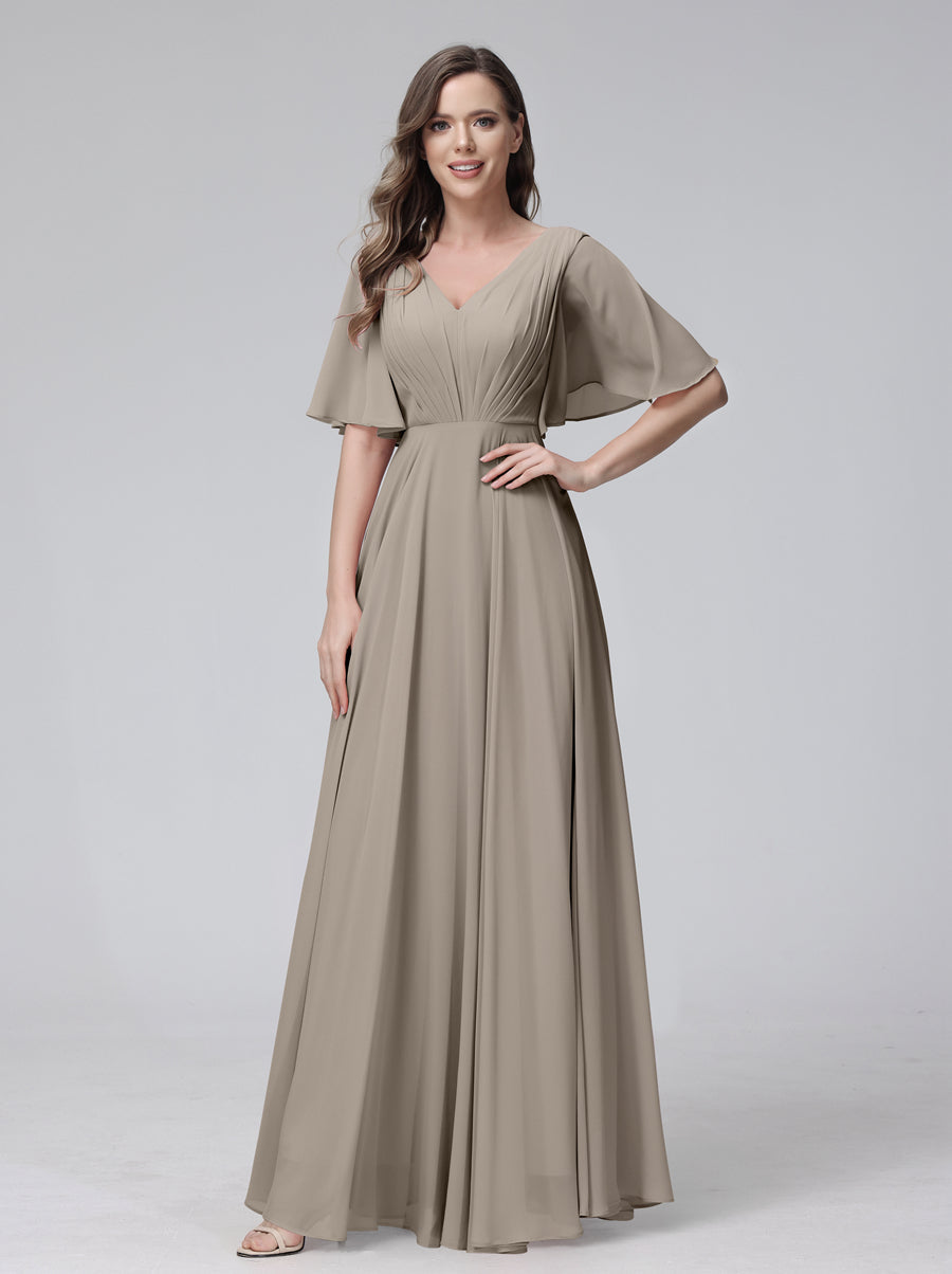 A-Line V-Neck Half Sleeves Long Chiffon Bridesmaid Dresses With Ruffles Pockets Taupe
