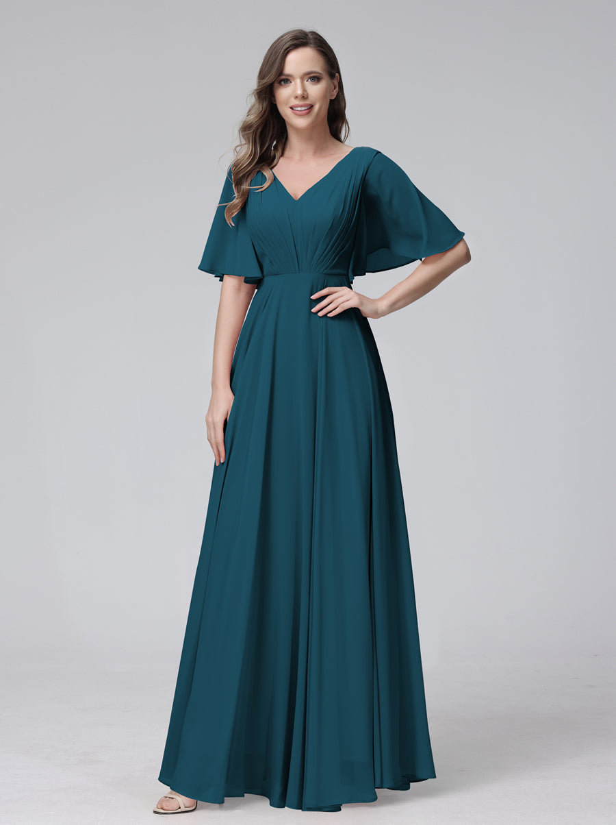 A-Line V-Neck Half Sleeves Long Chiffon Bridesmaid Dresses With Ruffles Pockets Teal