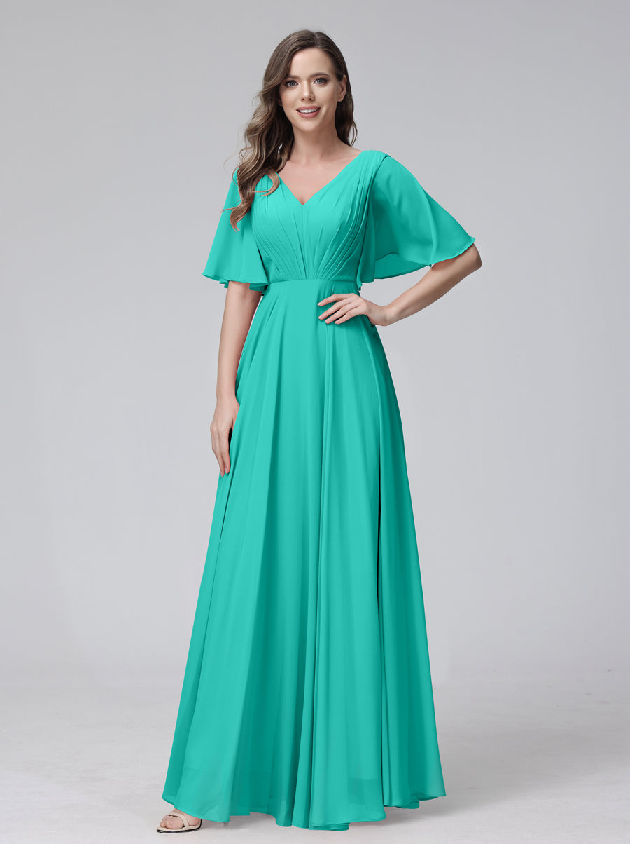 A-Line V-Neck Half Sleeves Long Chiffon Bridesmaid Dresses With Ruffles Pockets Turquoise