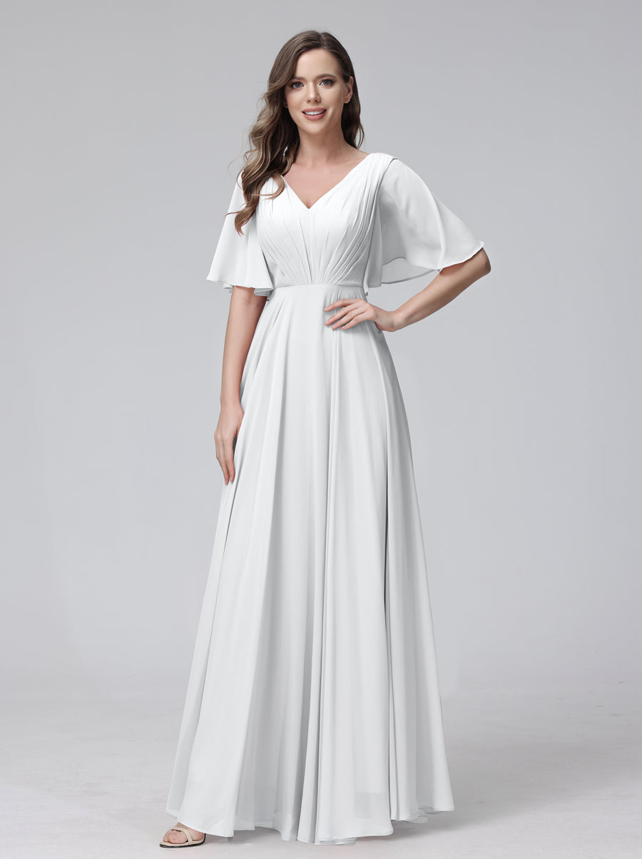 A-Line V-Neck Half Sleeves Long Chiffon Bridesmaid Dresses With Ruffles Pockets White