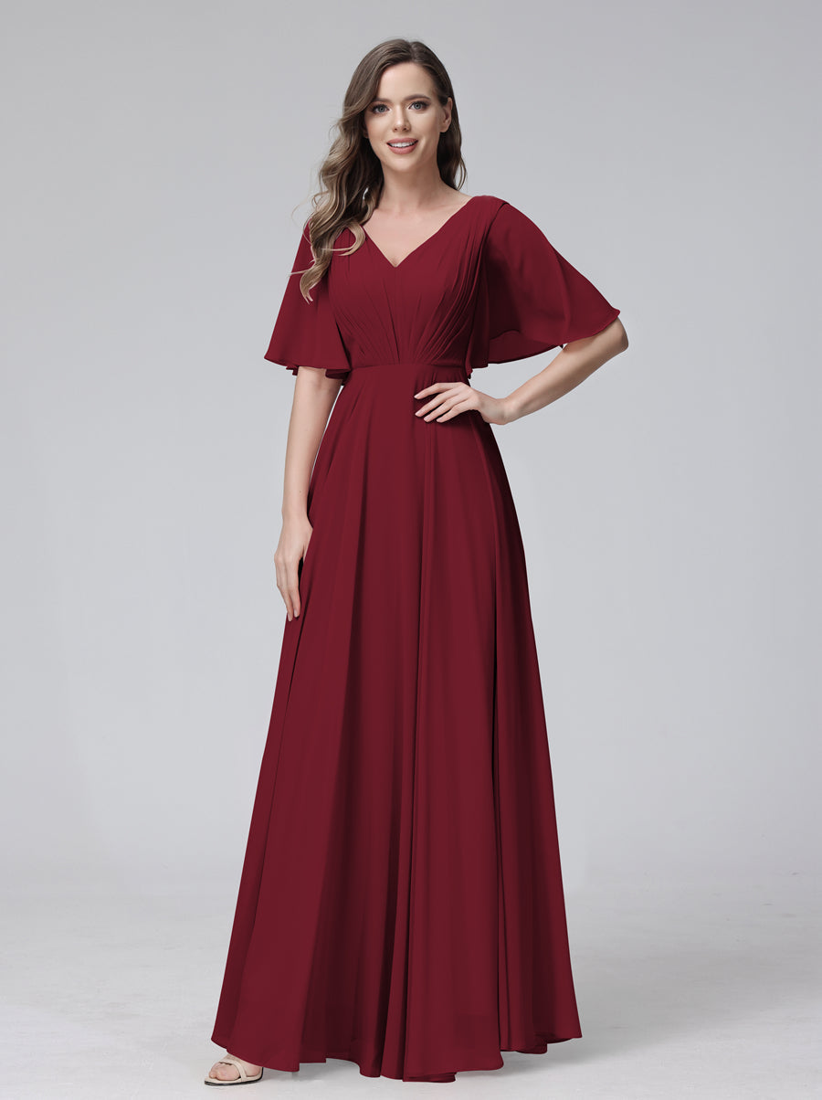 A-Line V-Neck Half Sleeves Long Chiffon Bridesmaid Dresses With Ruffles Pockets Wine Red