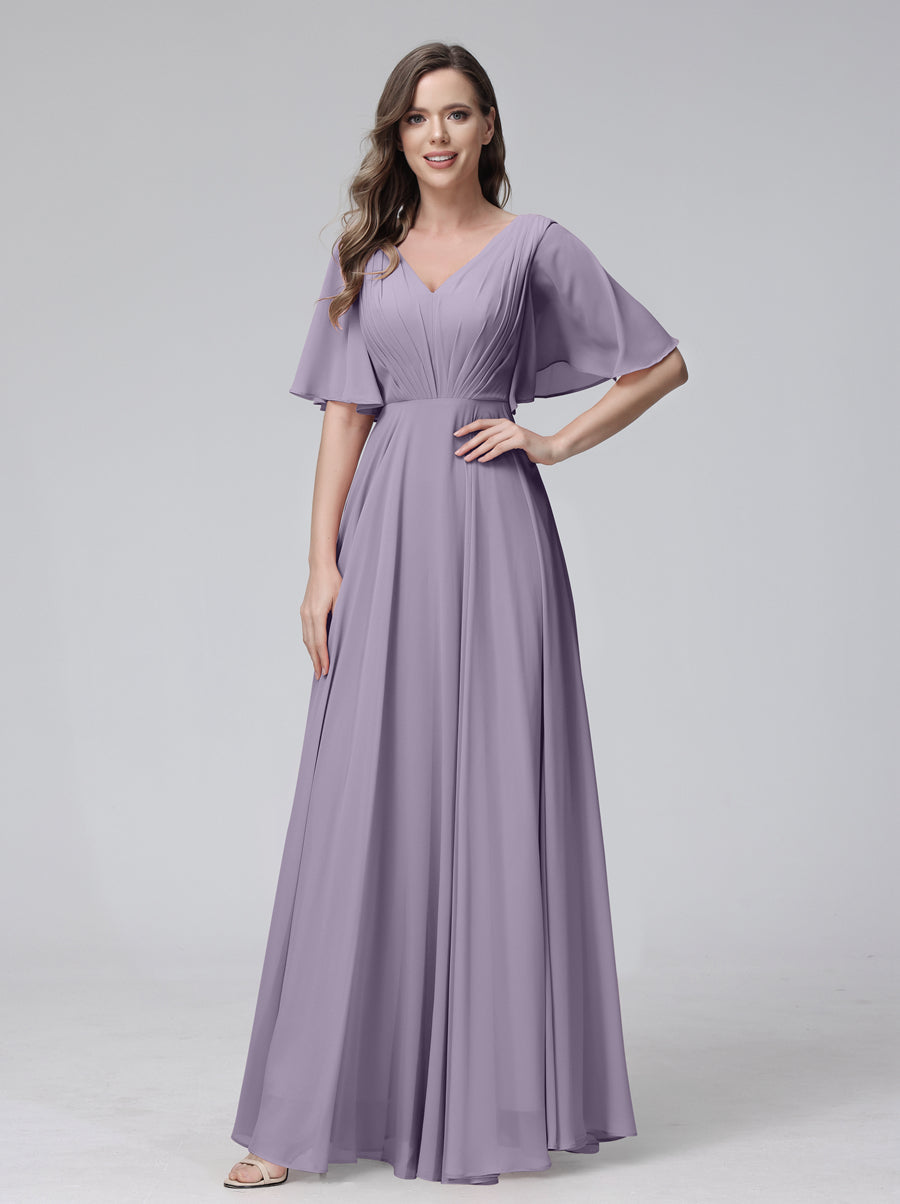 A-Line V-Neck Half Sleeves Long Chiffon Bridesmaid Dresses With Ruffles Pockets Wisteria