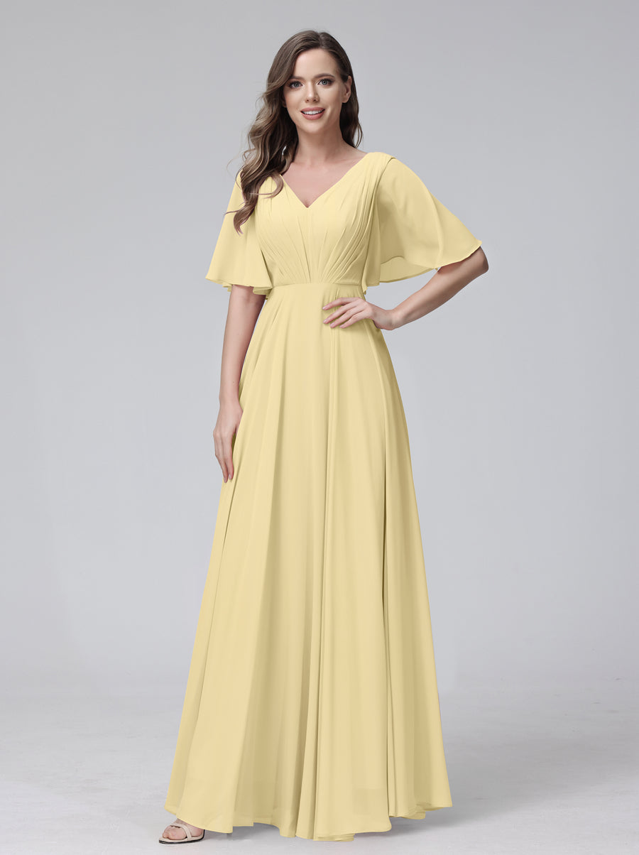 A-Line V-Neck Half Sleeves Long Chiffon Bridesmaid Dresses With Ruffles Pockets Yellow