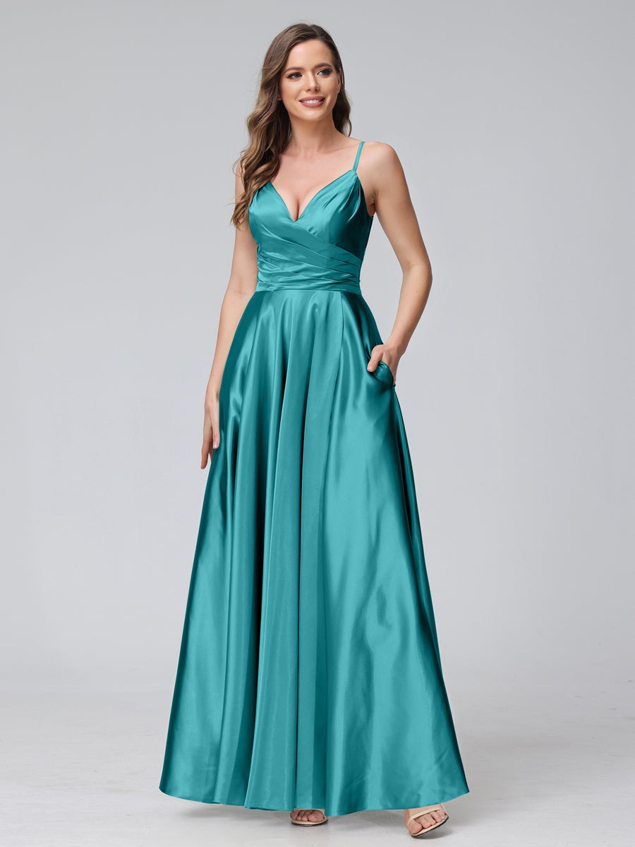 A-Line Sleeveless Long Silk Satin Bridesmaid Dresses with Pockets & Split Side Aqua Blue