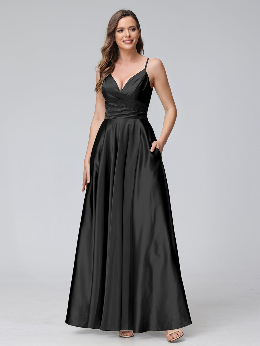 A-Line Sleeveless Long Silk Satin Bridesmaid Dresses with Pockets & Split Side Black