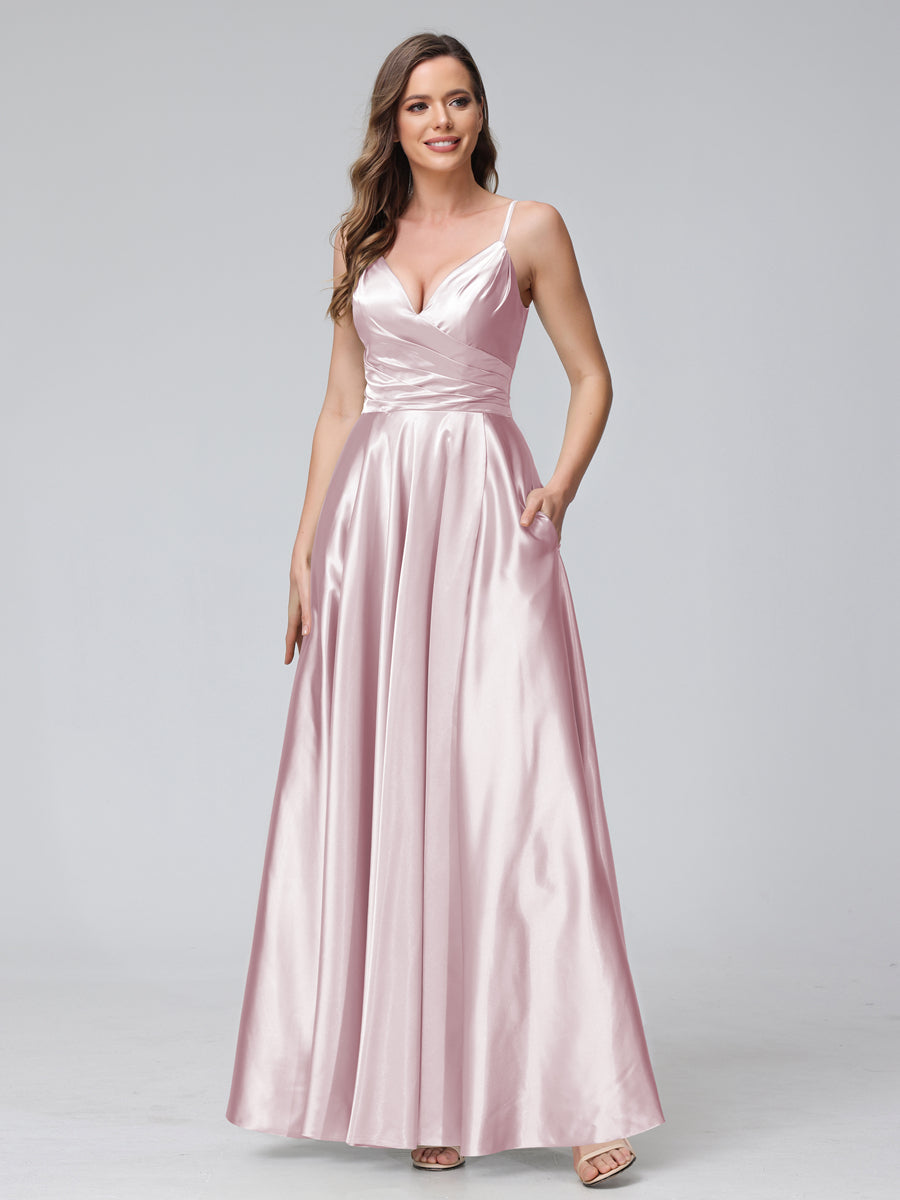 A-Line Sleeveless Long Silk Satin Bridesmaid Dresses with Pockets & Split Side Blush Pink