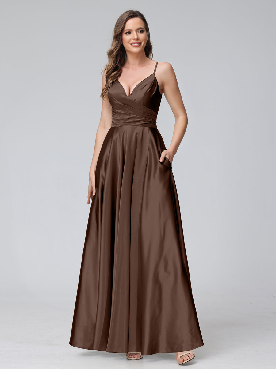 A-Line Sleeveless Long Silk Satin Bridesmaid Dresses with Pockets & Split Side Brown