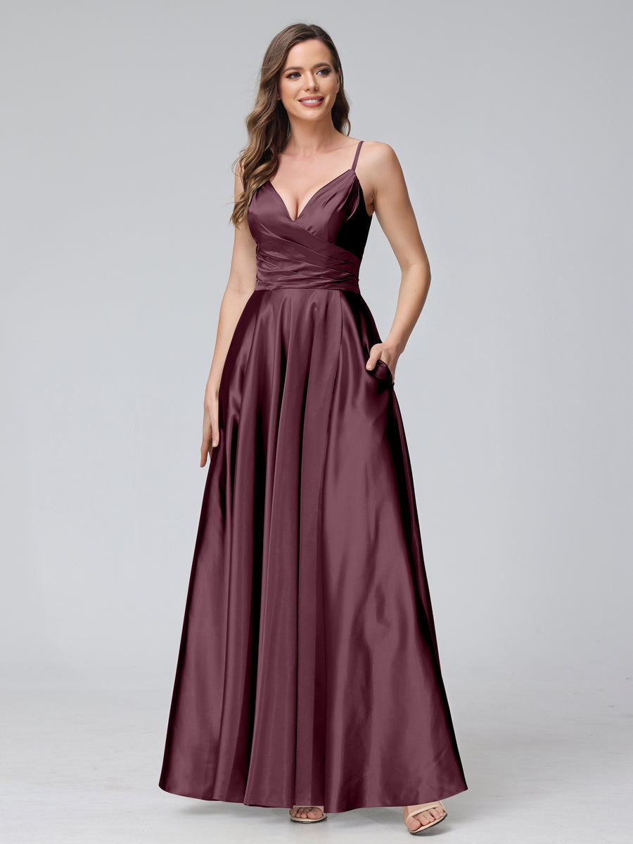 A-Line Sleeveless Long Silk Satin Bridesmaid Dresses with Pockets & Split Side Burgundy
