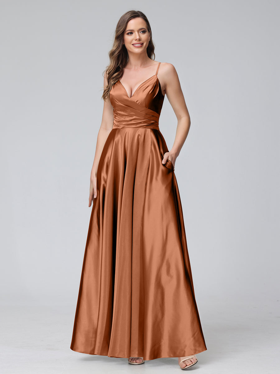 A-Line Sleeveless Long Silk Satin Bridesmaid Dresses with Pockets & Split Side Burnt Orange