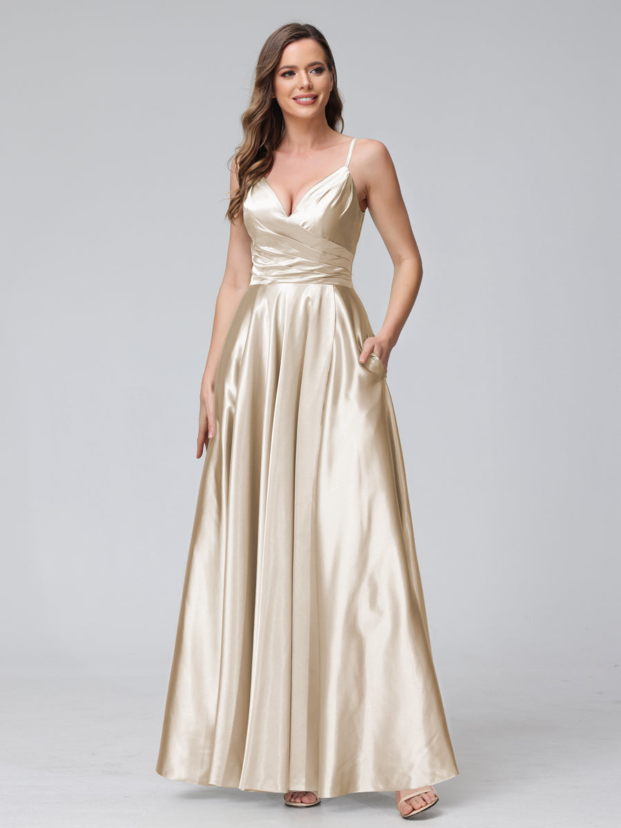 A-Line Sleeveless Long Silk Satin Bridesmaid Dresses with Pockets & Split Side Champagne