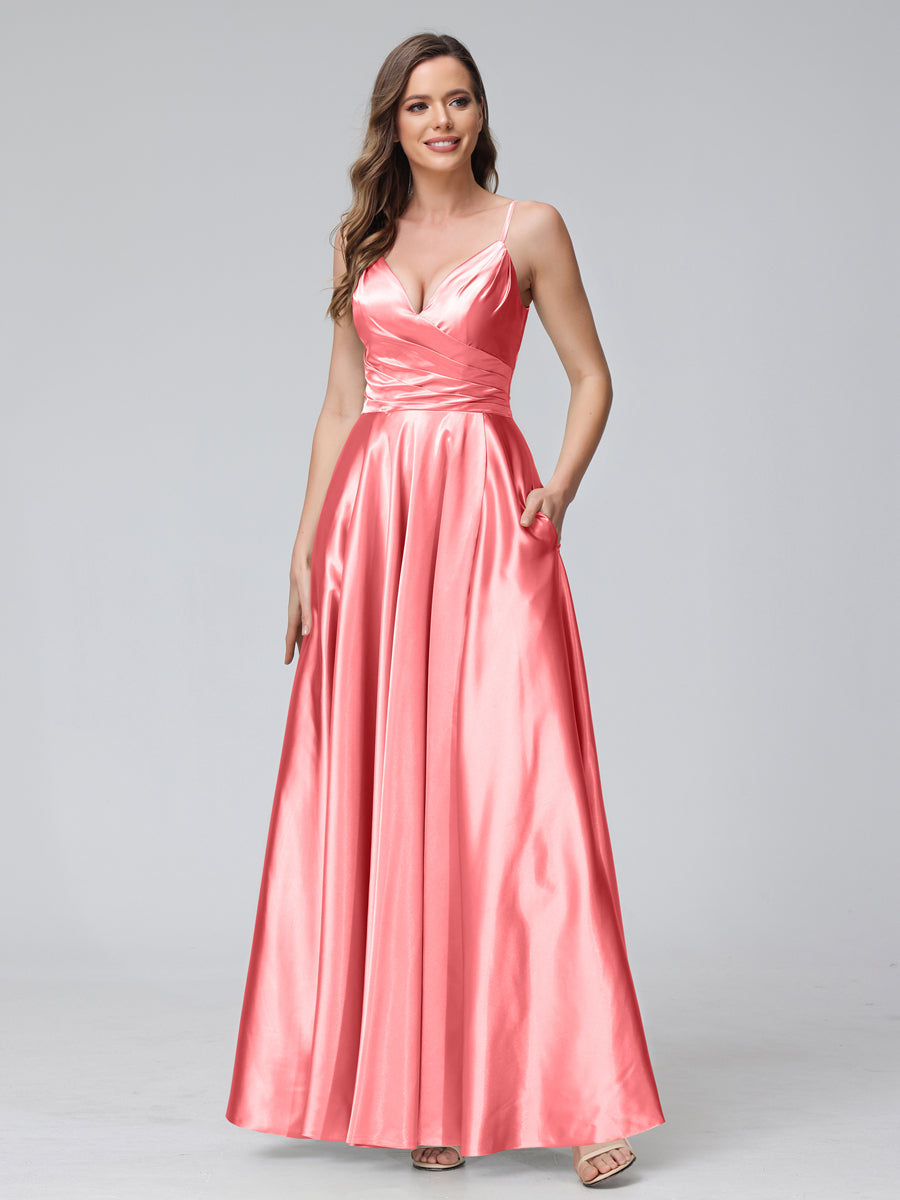 A-Line Sleeveless Long Silk Satin Bridesmaid Dresses with Pockets & Split Side Coral