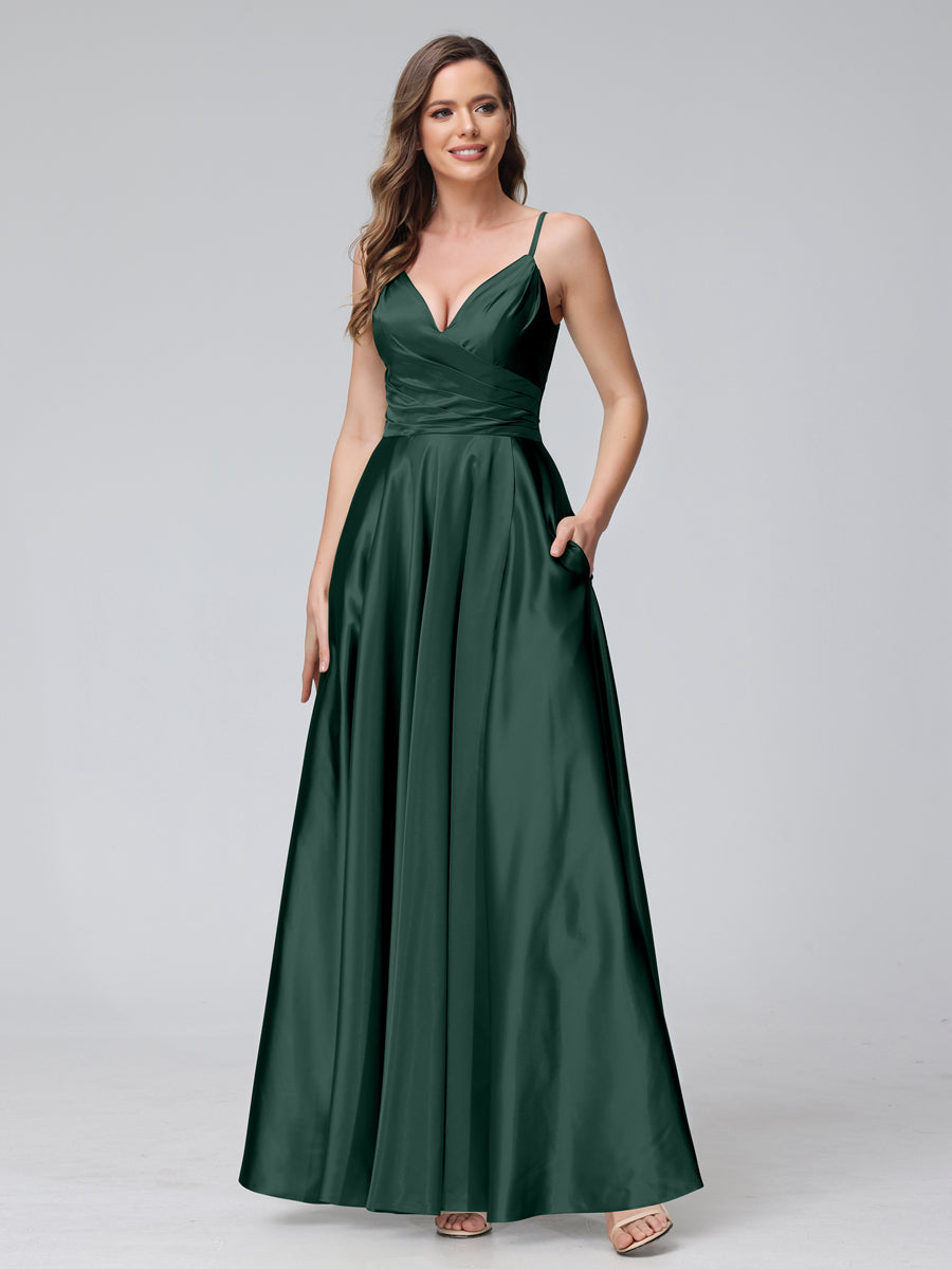 A-Line Sleeveless Long Silk Satin Bridesmaid Dresses with Pockets & Split Side Dark Green