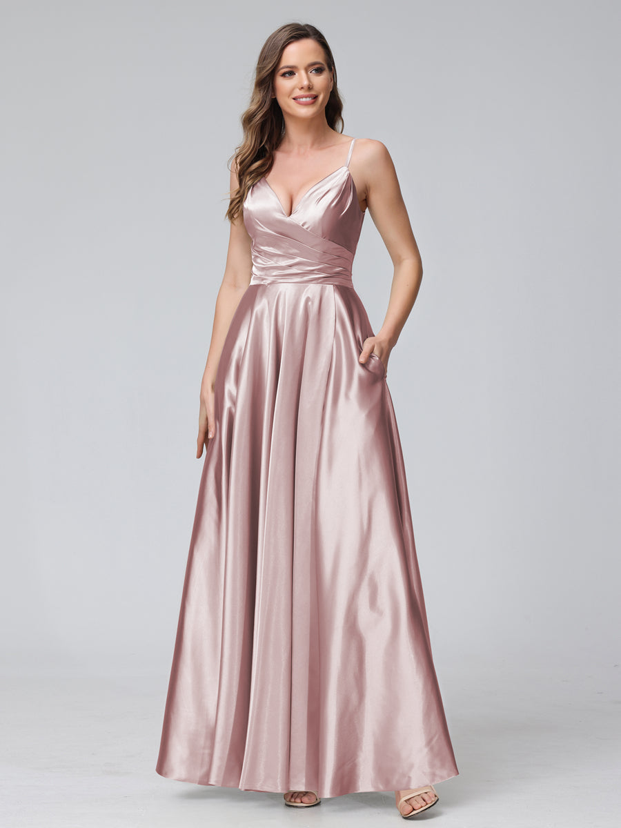 A-Line Sleeveless Long Silk Satin Bridesmaid Dresses with Pockets & Split Side Dusty Pink