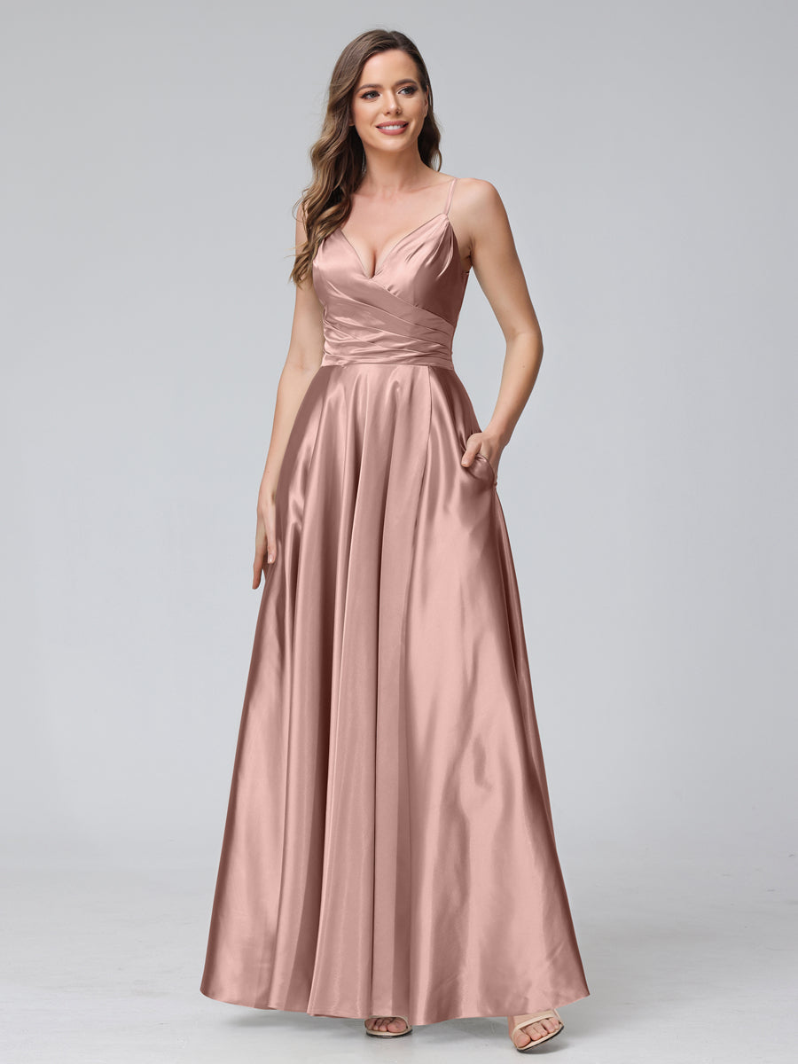 A-Line Sleeveless Long Silk Satin Bridesmaid Dresses with Pockets & Split Side Dusty Rose