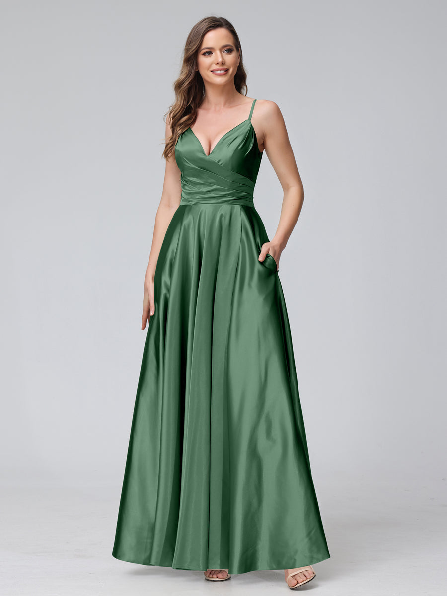 A-Line Sleeveless Long Silk Satin Bridesmaid Dresses with Pockets & Split Side Emerald