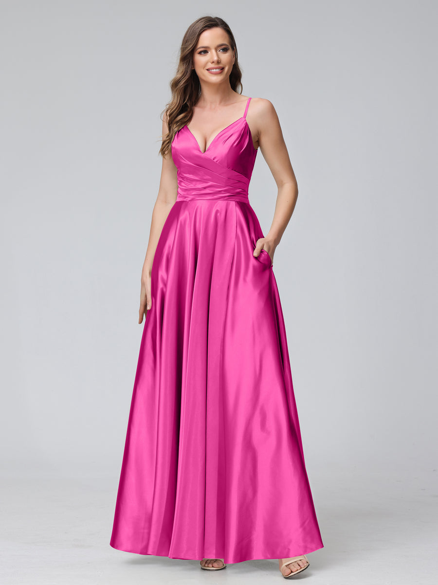 A-Line Sleeveless Long Silk Satin Bridesmaid Dresses with Pockets & Split Side Fuchsia