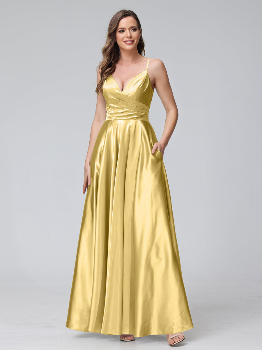 A-Line Sleeveless Long Silk Satin Bridesmaid Dresses with Pockets & Split Side Gold