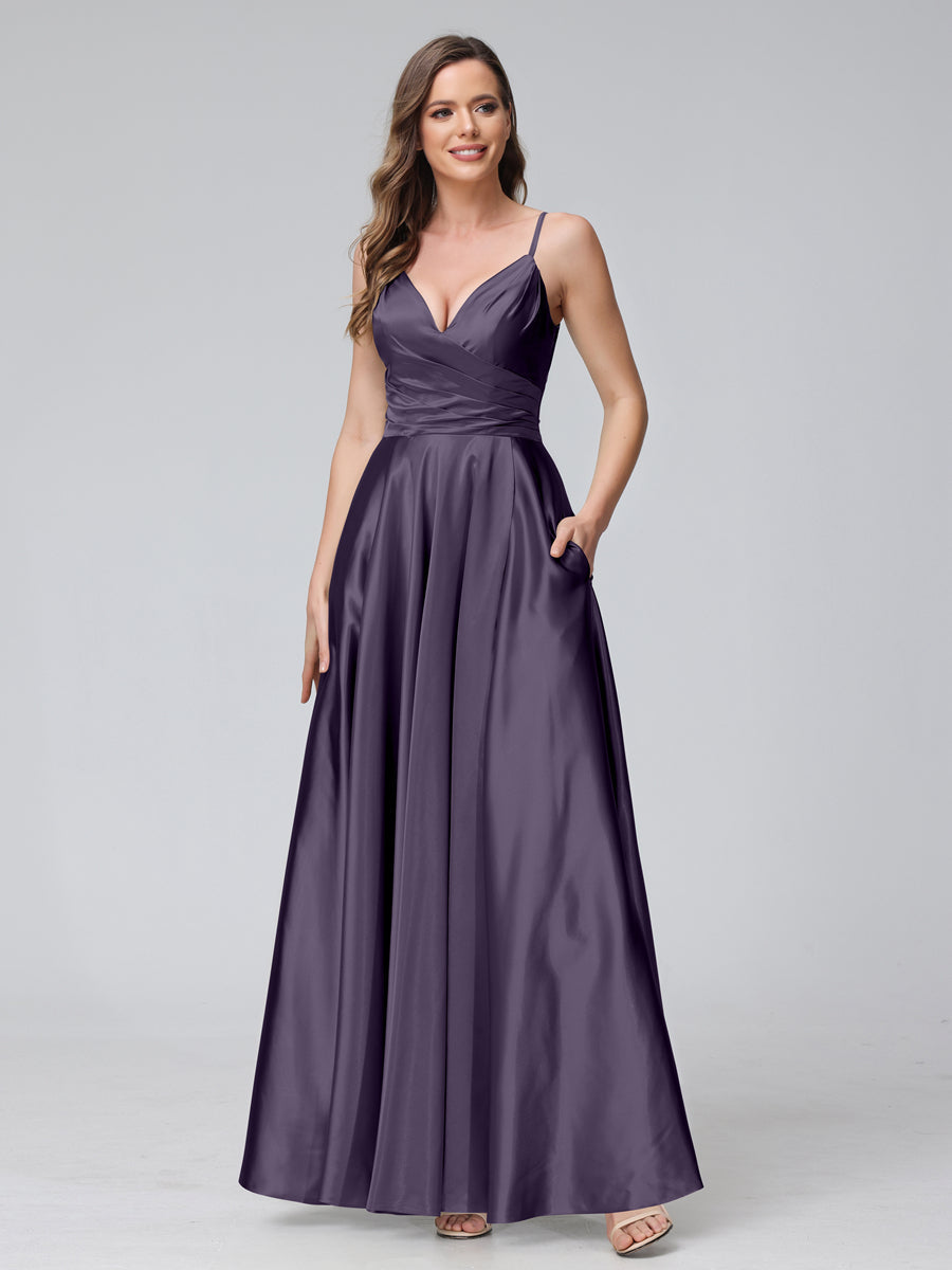 A-Line Sleeveless Long Silk Satin Bridesmaid Dresses with Pockets & Split Side Grape