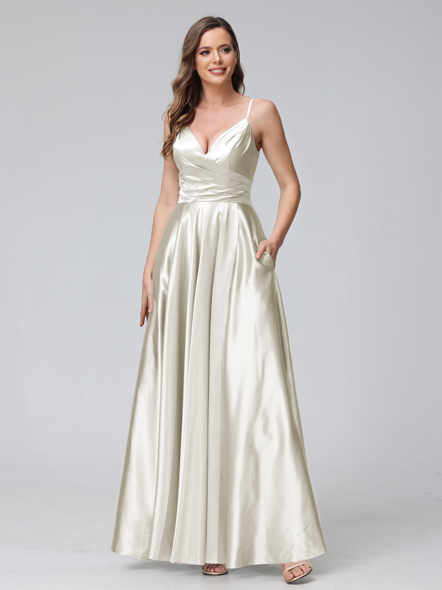 A-Line Sleeveless Long Silk Satin Bridesmaid Dresses with Pockets & Split Side Ivory