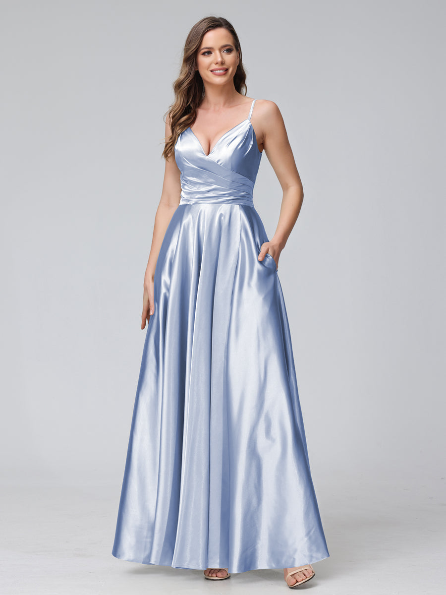 A-Line Sleeveless Long Silk Satin Bridesmaid Dresses with Pockets & Split Side Lavender