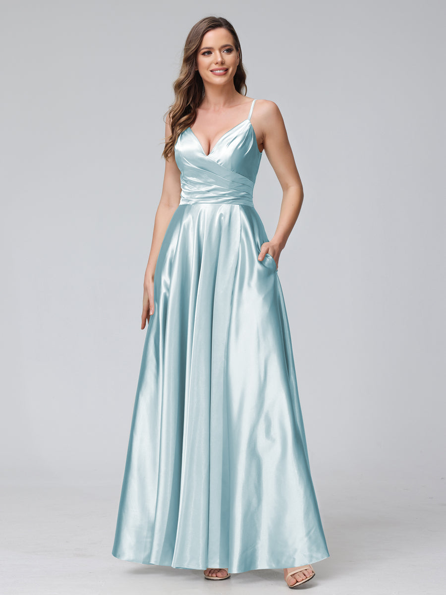 A-Line Sleeveless Long Silk Satin Bridesmaid Dresses with Pockets & Split Side Light Blue