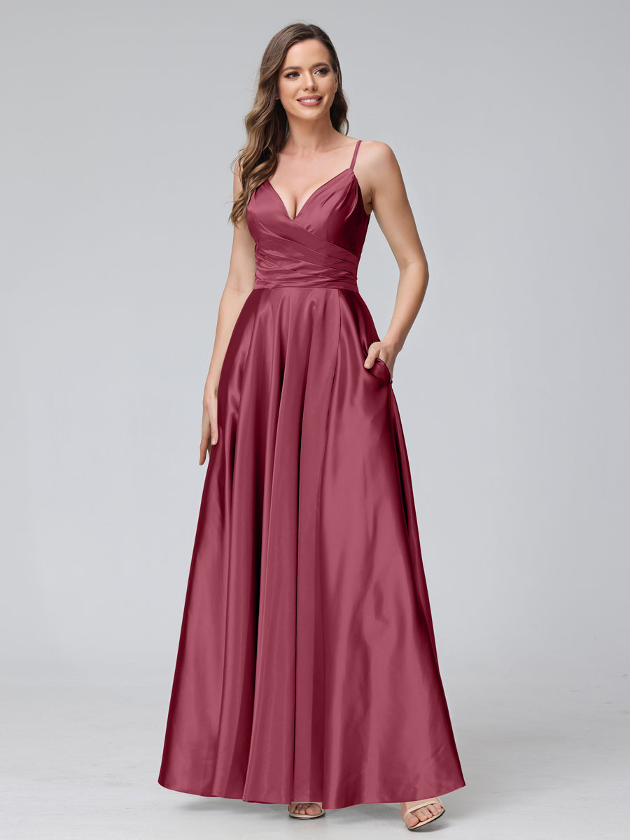 A-Line Sleeveless Long Silk Satin Bridesmaid Dresses with Pockets & Split Side Light Burgundy