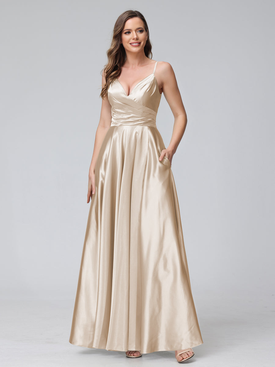 A-Line Sleeveless Long Silk Satin Bridesmaid Dresses with Pockets & Split Side Light Champagne
