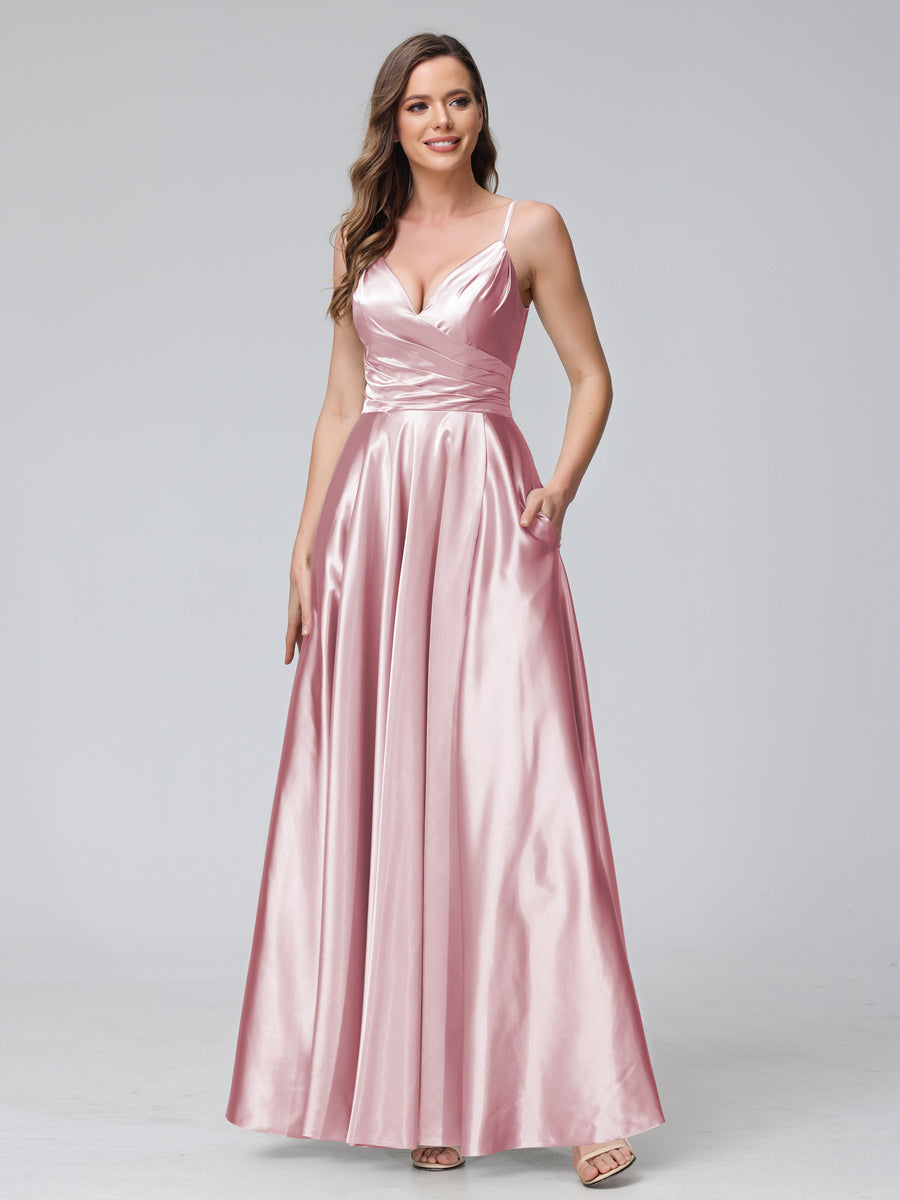 A-Line Sleeveless Long Silk Satin Bridesmaid Dresses with Pockets & Split Side Light Pink