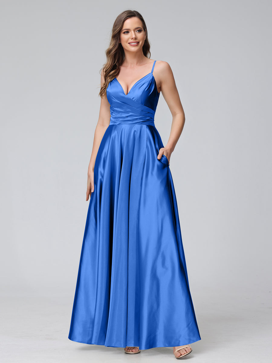 A-Line Sleeveless Long Silk Satin Bridesmaid Dresses with Pockets & Split Side Light Royal Blue