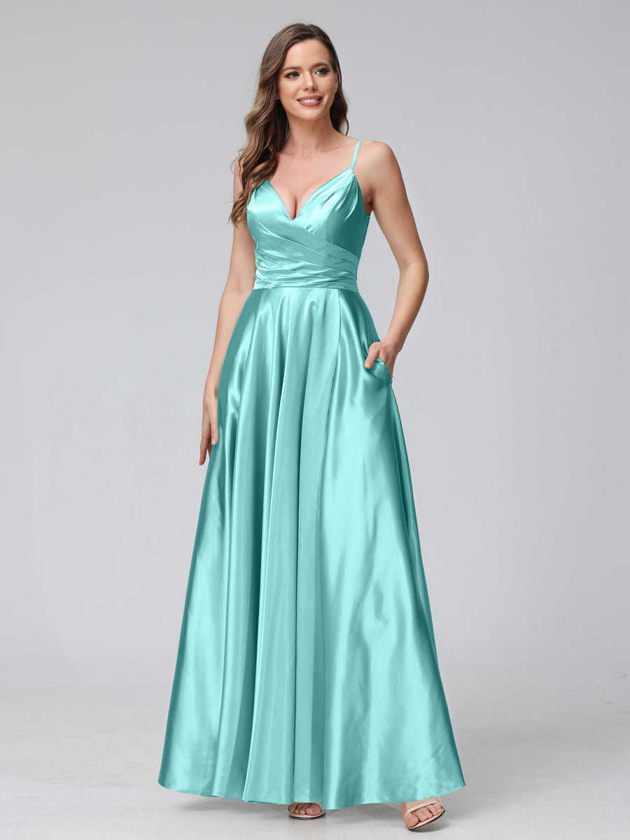 A-Line Sleeveless Long Silk Satin Bridesmaid Dresses with Pockets & Split Side Light Sky Blue