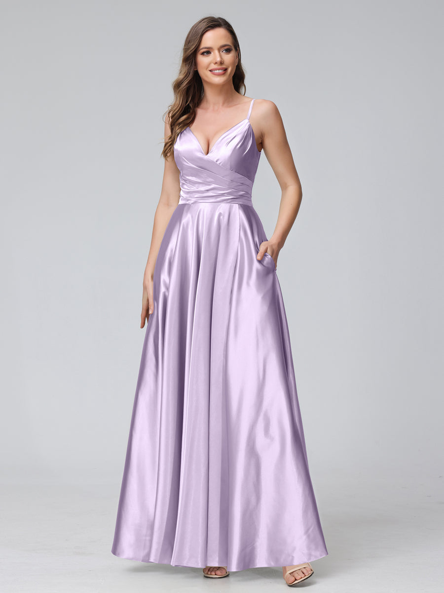 A-Line Sleeveless Long Silk Satin Bridesmaid Dresses with Pockets & Split Side Lilac