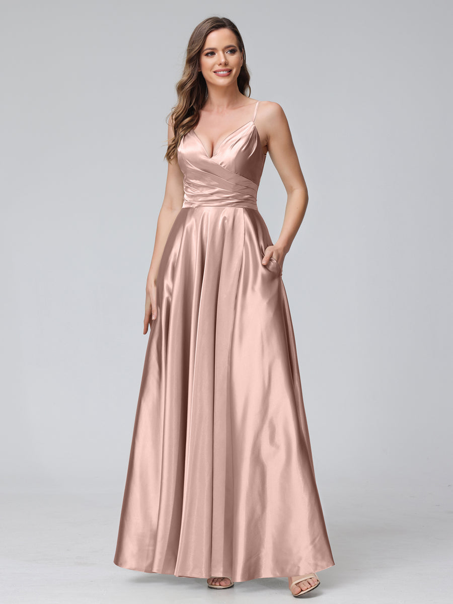 A-Line Sleeveless Long Silk Satin Bridesmaid Dresses with Pockets & Split Side Mauve