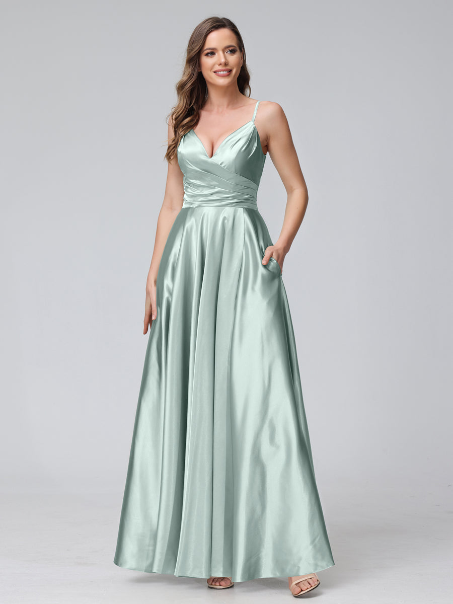 A-Line Sleeveless Long Silk Satin Bridesmaid Dresses with Pockets & Split Side Mist Blue