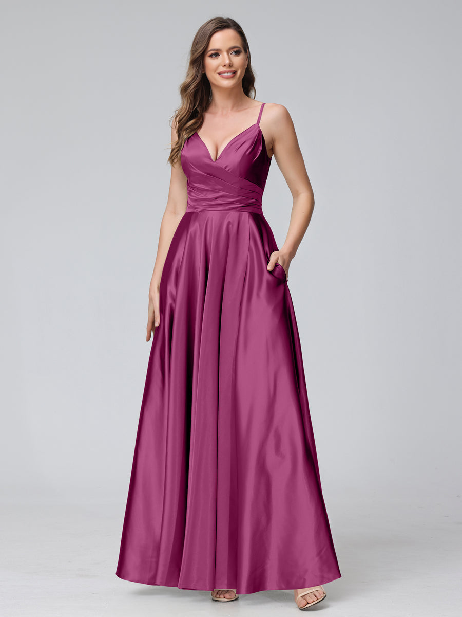 A-Line Sleeveless Long Silk Satin Bridesmaid Dresses with Pockets & Split Side Mulberry