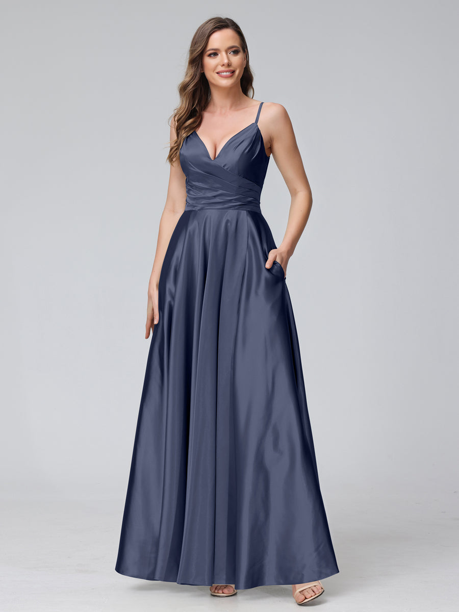 A-Line Sleeveless Long Silk Satin Bridesmaid Dresses with Pockets & Split Side Navy Blue
