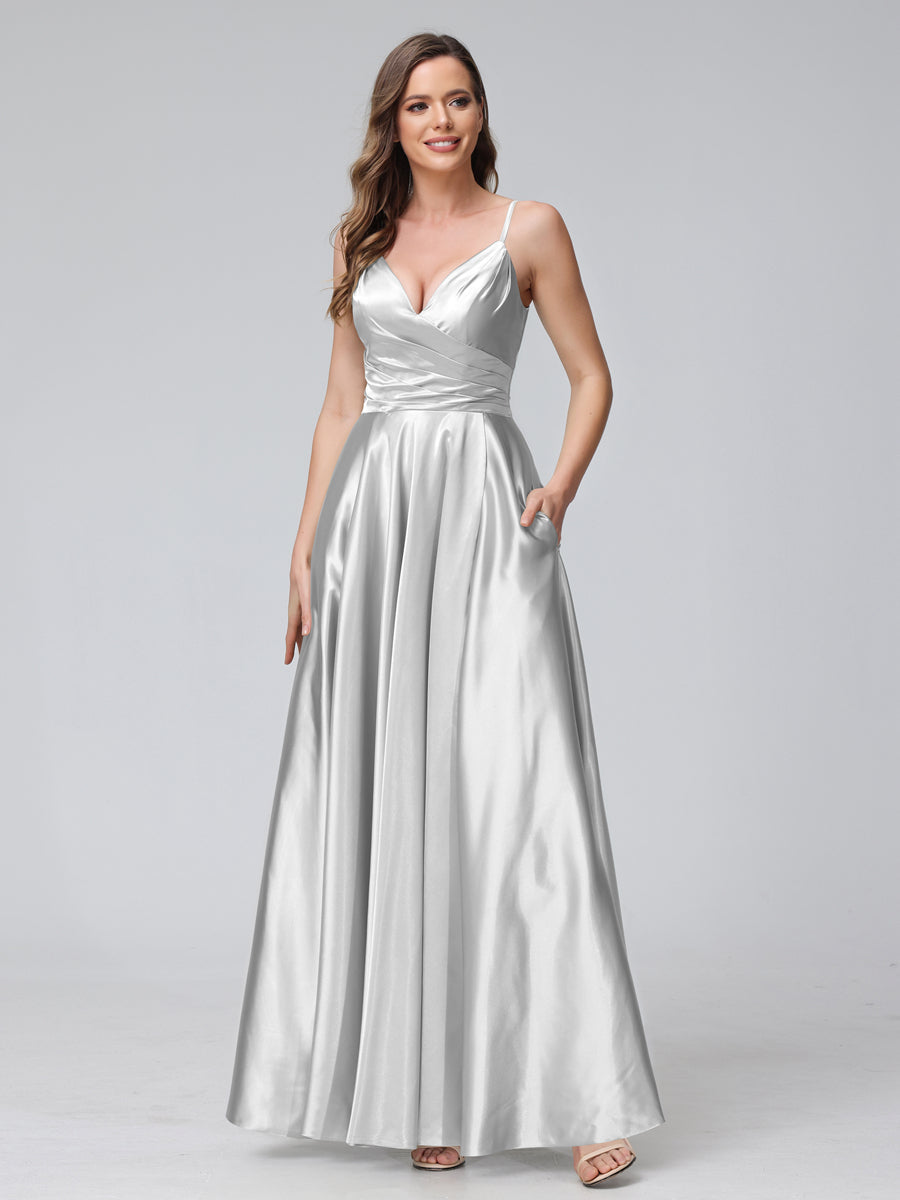 A-Line Sleeveless Long Silk Satin Bridesmaid Dresses with Pockets & Split Side Off White