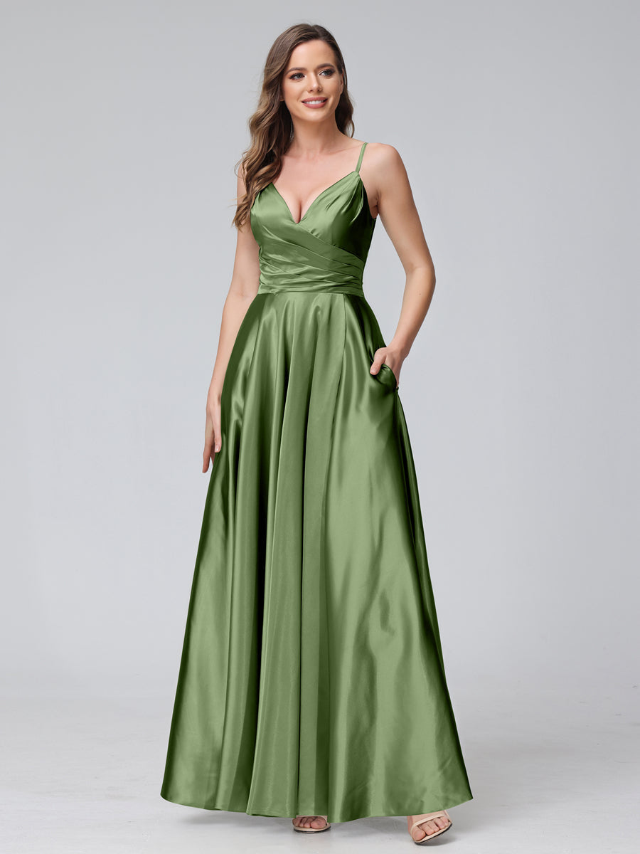 A-Line Sleeveless Long Silk Satin Bridesmaid Dresses with Pockets & Split Side Olive Green