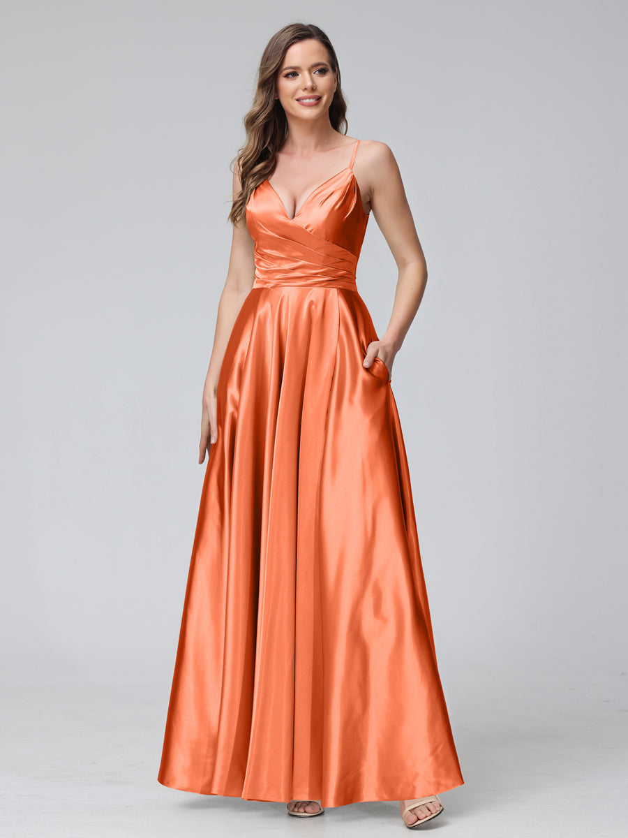 A-Line Sleeveless Long Silk Satin Bridesmaid Dresses with Pockets & Split Side Orange