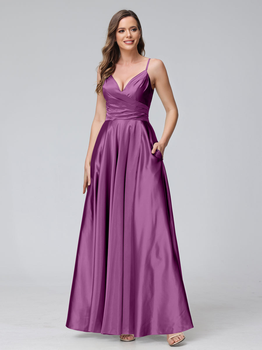 A-Line Sleeveless Long Silk Satin Bridesmaid Dresses with Pockets & Split Side Orchid