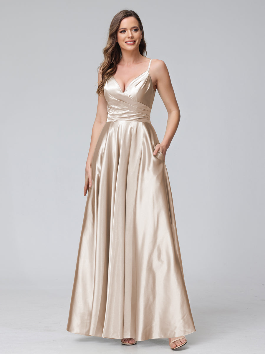 A-Line Sleeveless Long Silk Satin Bridesmaid Dresses with Pockets & Split Side Peach Pink