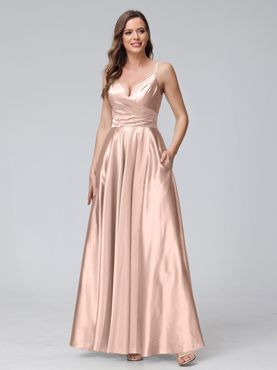 A-Line Sleeveless Long Silk Satin Bridesmaid Dresses with Pockets & Split Side Pearl Pink
