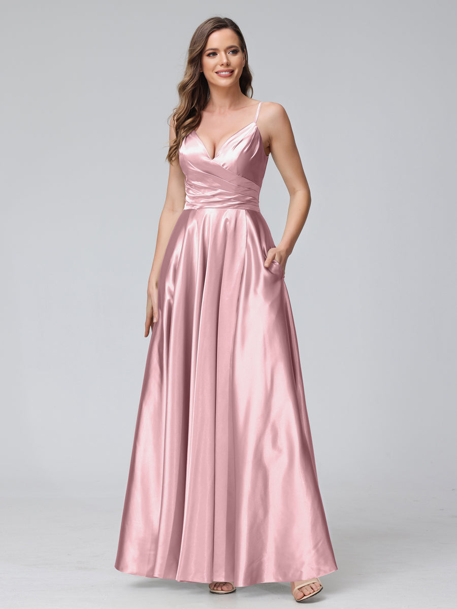 A-Line Sleeveless Long Silk Satin Bridesmaid Dresses with Pockets & Split Side Pink
