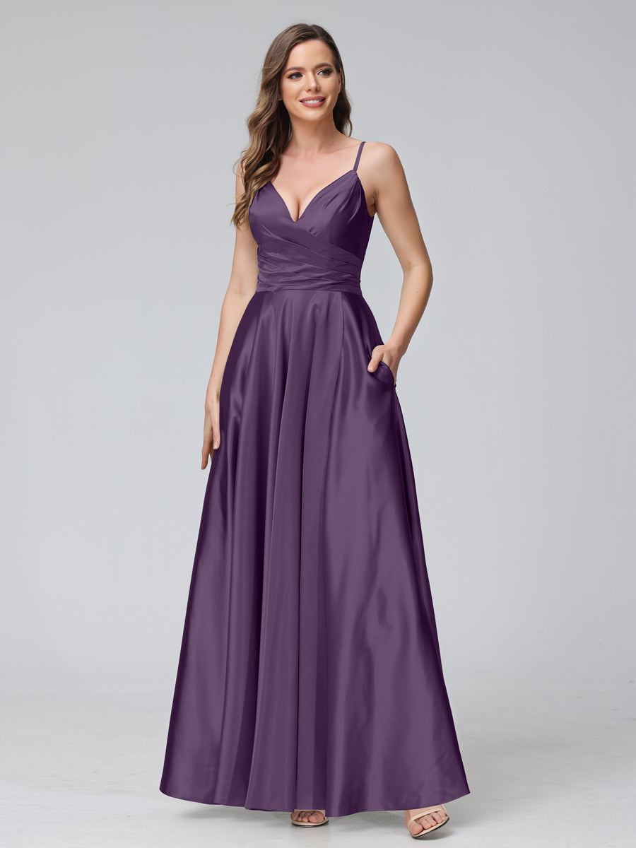 A-Line Sleeveless Long Silk Satin Bridesmaid Dresses with Pockets & Split Side Plum