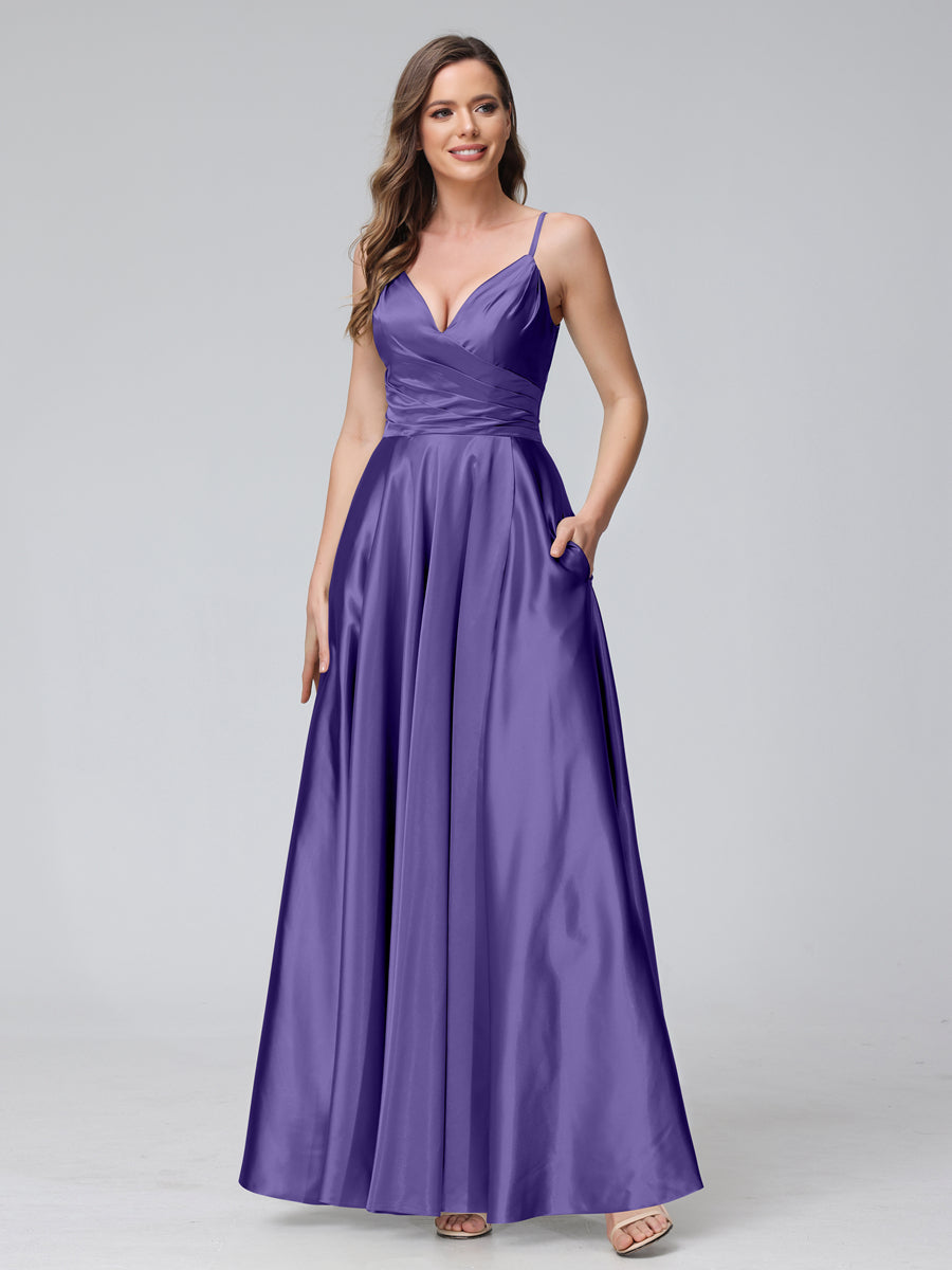 A-Line Sleeveless Long Silk Satin Bridesmaid Dresses with Pockets & Split Side Purple