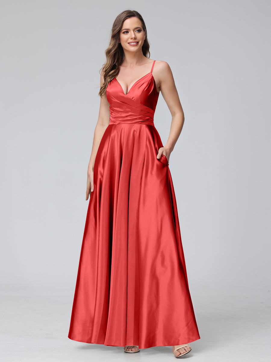 A-Line Sleeveless Long Silk Satin Bridesmaid Dresses with Pockets & Split Side Red