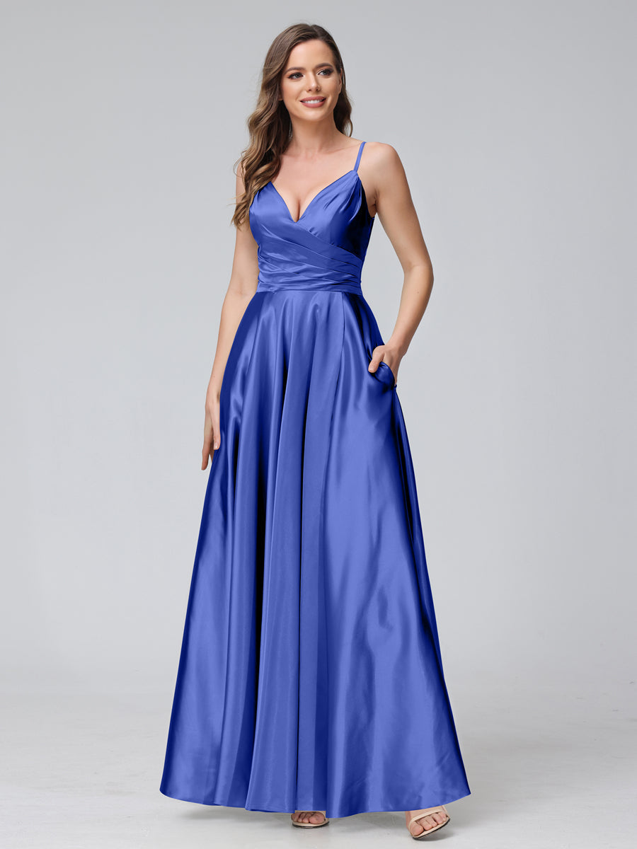 A-Line Sleeveless Long Silk Satin Bridesmaid Dresses with Pockets & Split Side Royal Blue